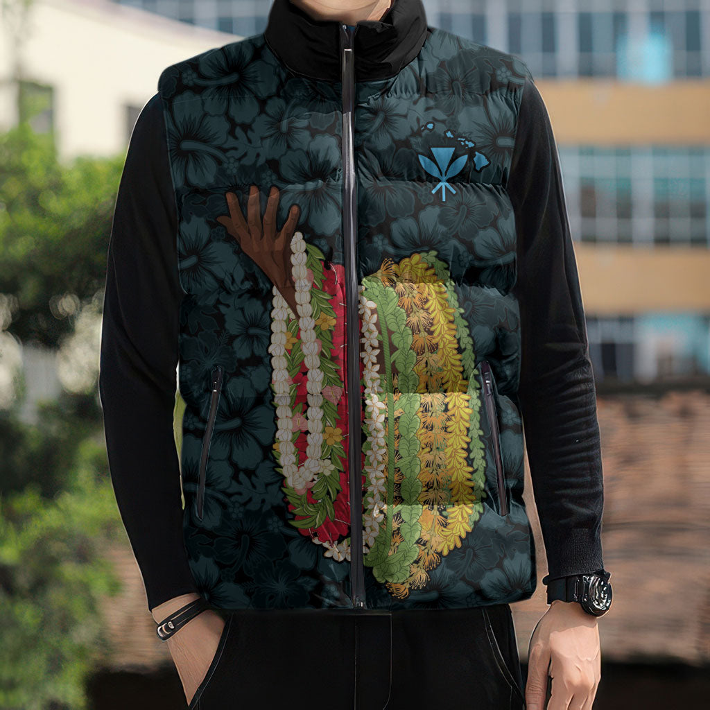 Hawaii Lei Kamehameha Sleeveless Puffer Jacket Uliuli Seamless Pattern Hibiscus Flower