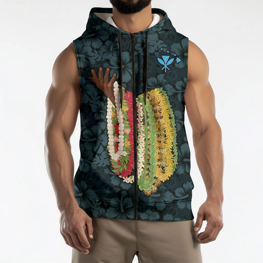 Hawaii Lei Kamehameha Sleeveless Zip Hoodie Uliuli Seamless Pattern Hibiscus Flower