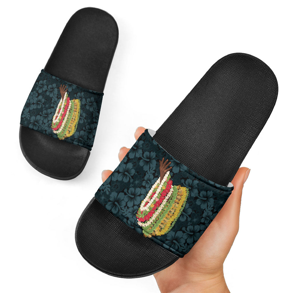 Hawaii Lei Kamehameha Slide Sandals Uliuli Seamless Pattern Hibiscus Flower