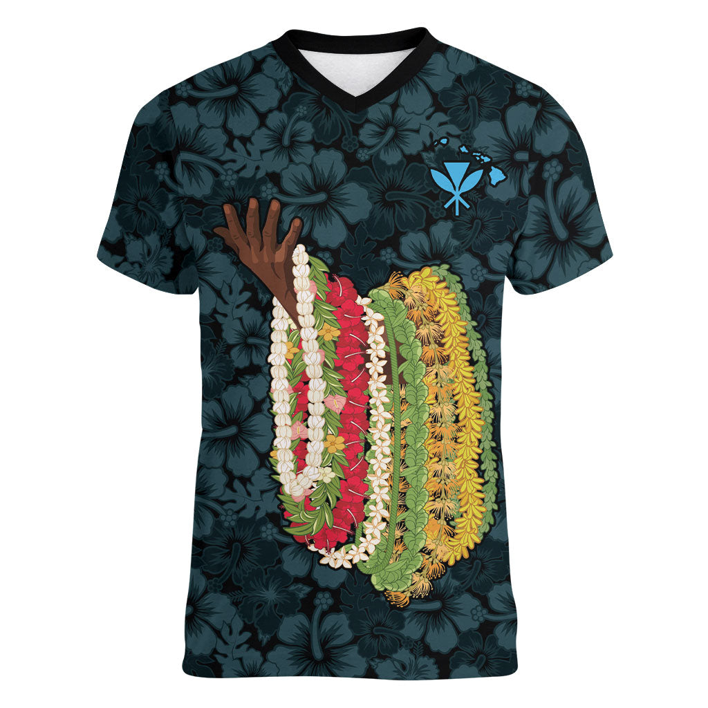 Hawaii Lei Kamehameha Women V-Neck T-Shirt Uliuli Seamless Pattern Hibiscus Flower
