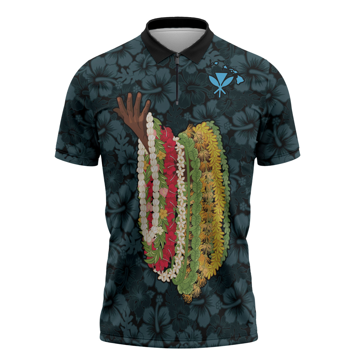 Hawaii Lei Kamehameha Zipper Polo Shirt Uliuli Seamless Pattern Hibiscus Flower LT9 Blue - Polynesian Pride