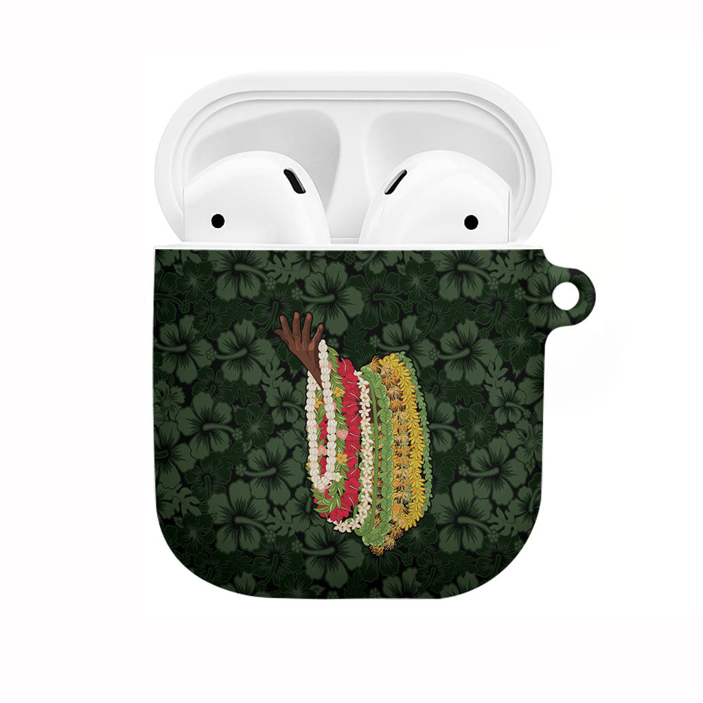 Hawaii Lei Kamehameha AirPods Case Oma'oma'o Seamless Pattern Hibiscus Flower LT9 Green - Polynesian Pride