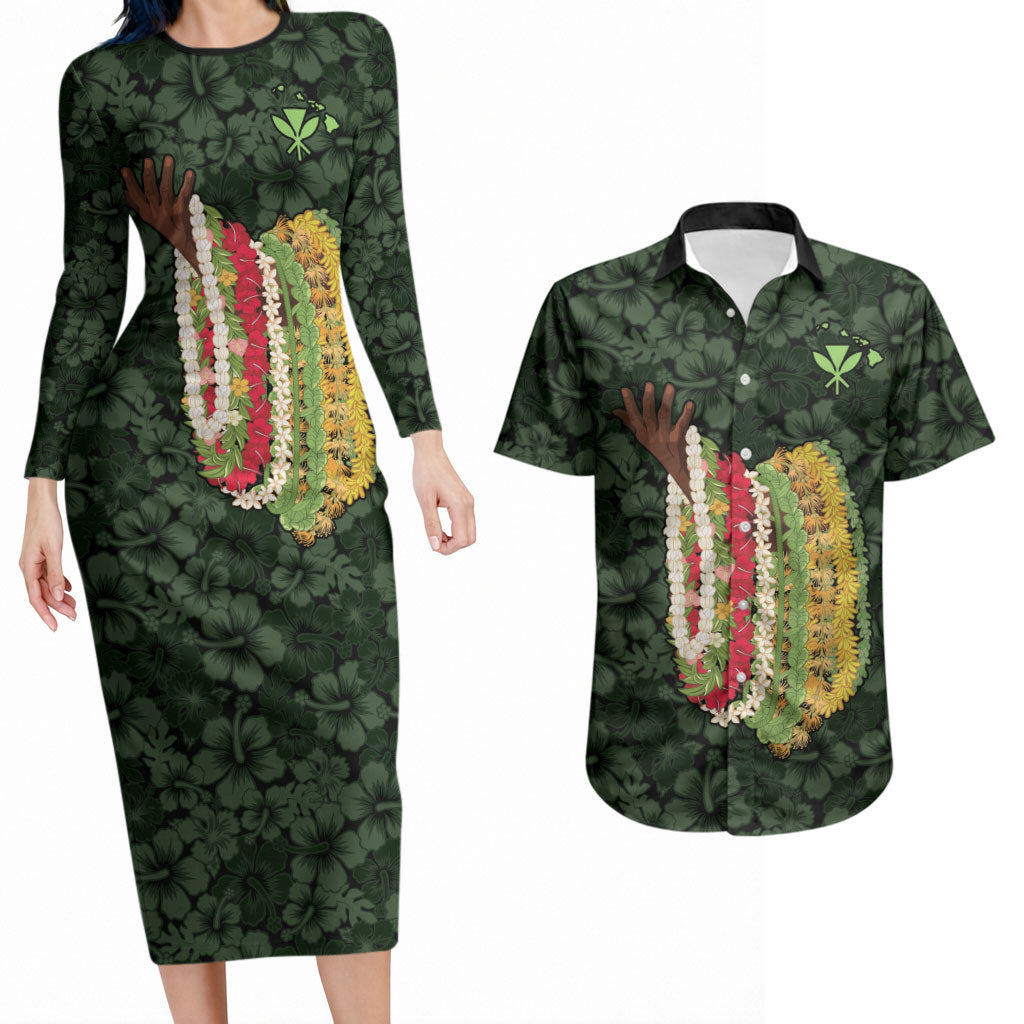 Hawaii Lei Kamehameha Couples Matching Long Sleeve Bodycon Dress and Hawaiian Shirt Oma'oma'o Seamless Pattern Hibiscus Flower LT9 Green - Polynesian Pride