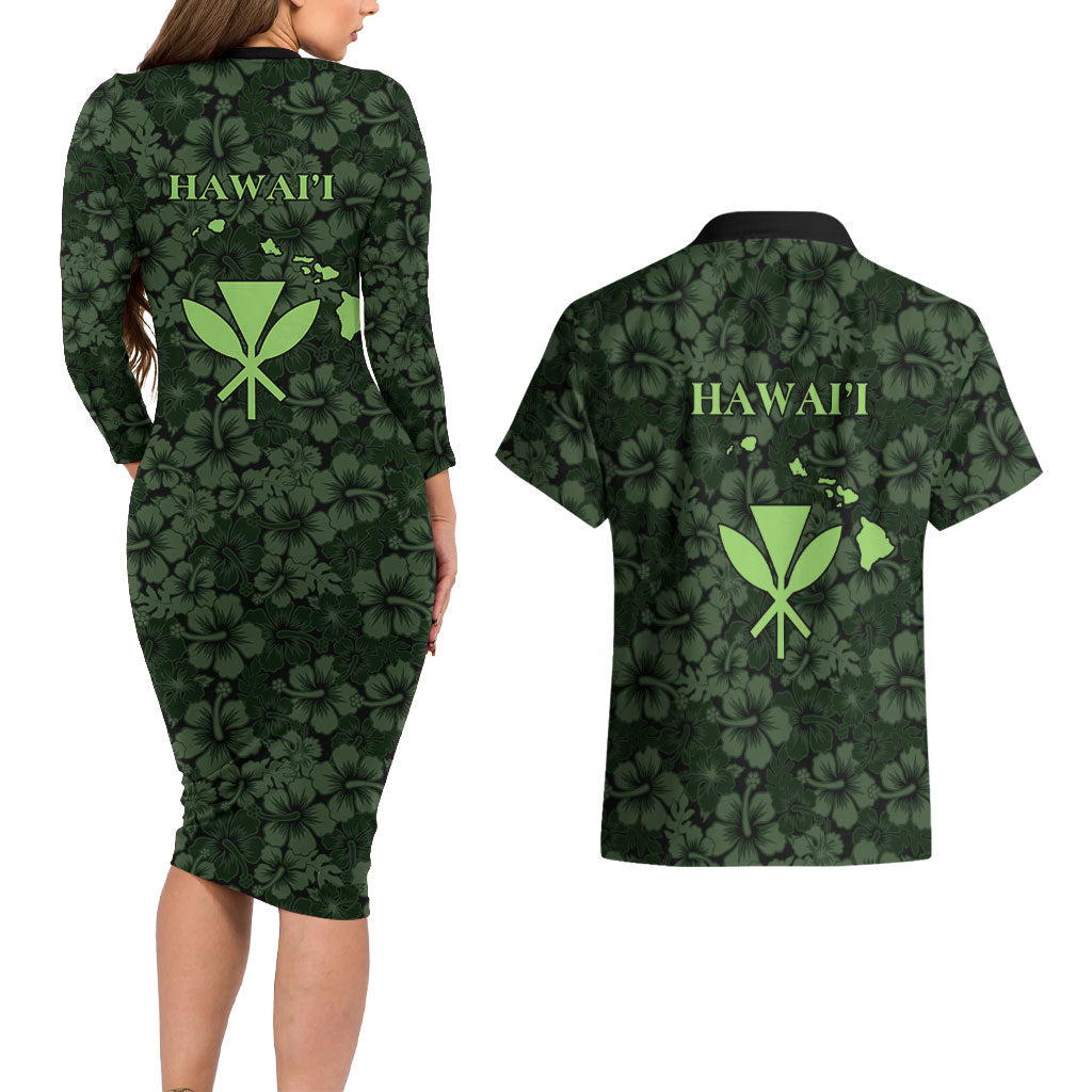 Hawaii Lei Kamehameha Couples Matching Long Sleeve Bodycon Dress and Hawaiian Shirt Oma'oma'o Seamless Pattern Hibiscus Flower