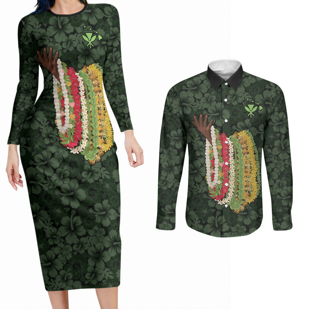 Hawaii Lei Kamehameha Couples Matching Long Sleeve Bodycon Dress and Long Sleeve Button Shirt Oma'oma'o Seamless Pattern Hibiscus Flower LT9 Green - Polynesian Pride