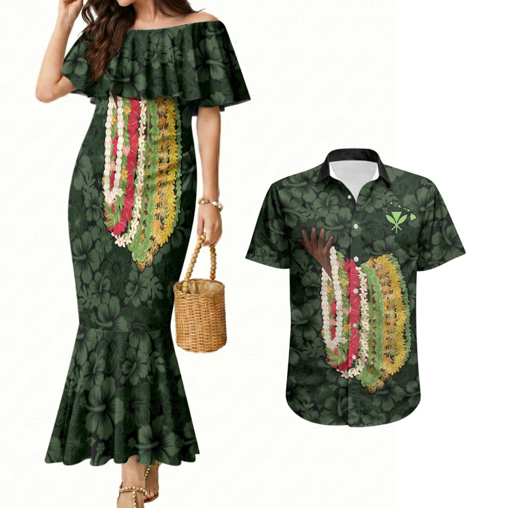 Hawaii Lei Kamehameha Couples Matching Mermaid Dress and Hawaiian Shirt Oma'oma'o Seamless Pattern Hibiscus Flower LT9 Green - Polynesian Pride