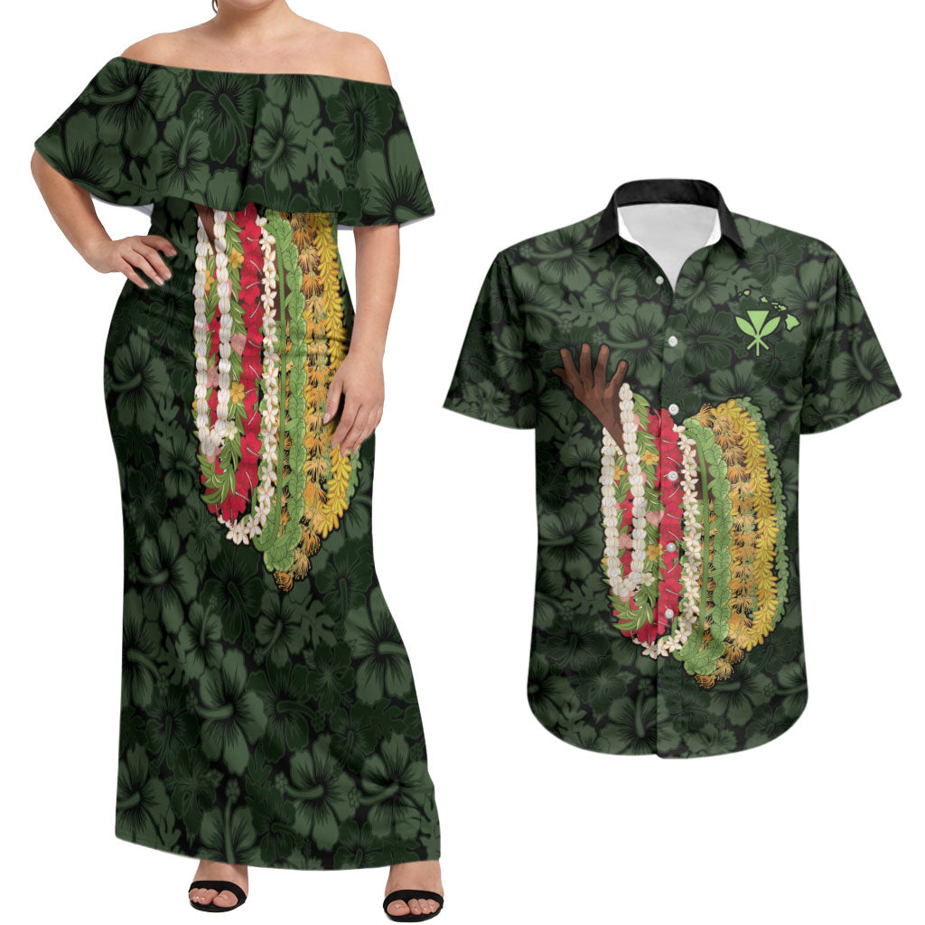 Hawaii Lei Kamehameha Couples Matching Off Shoulder Maxi Dress and Hawaiian Shirt Oma'oma'o Seamless Pattern Hibiscus Flower LT9 Green - Polynesian Pride