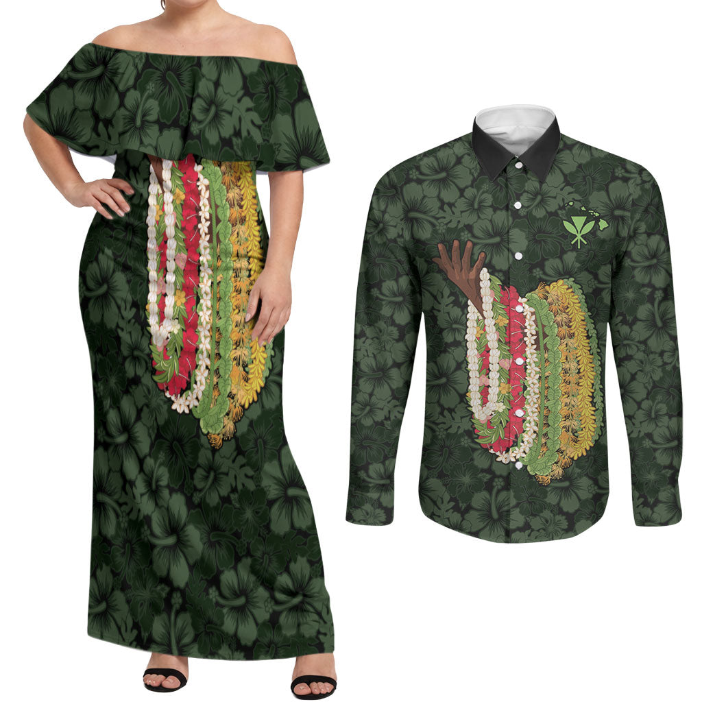 Hawaii Lei Kamehameha Couples Matching Off Shoulder Maxi Dress and Long Sleeve Button Shirt Oma'oma'o Seamless Pattern Hibiscus Flower LT9 Green - Polynesian Pride