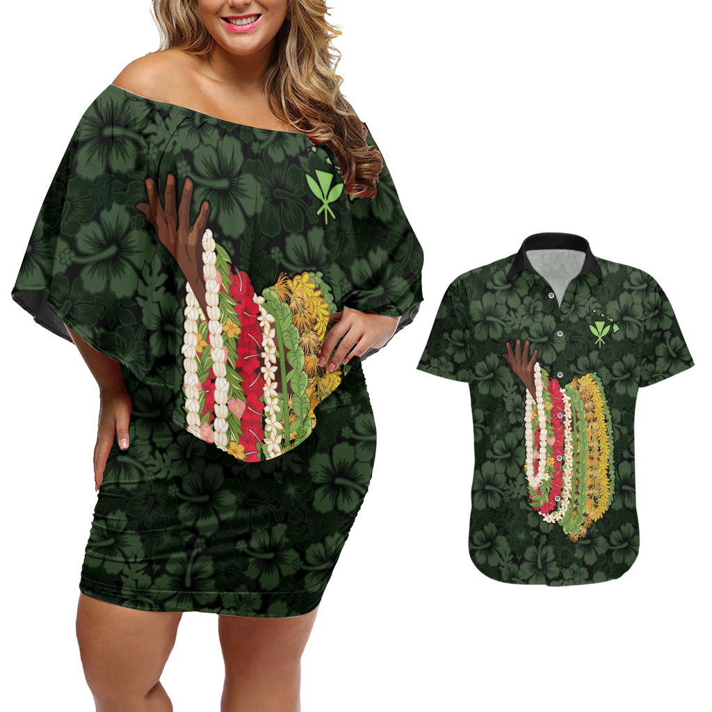 Hawaii Lei Kamehameha Couples Matching Off Shoulder Short Dress and Hawaiian Shirt Oma'oma'o Seamless Pattern Hibiscus Flower