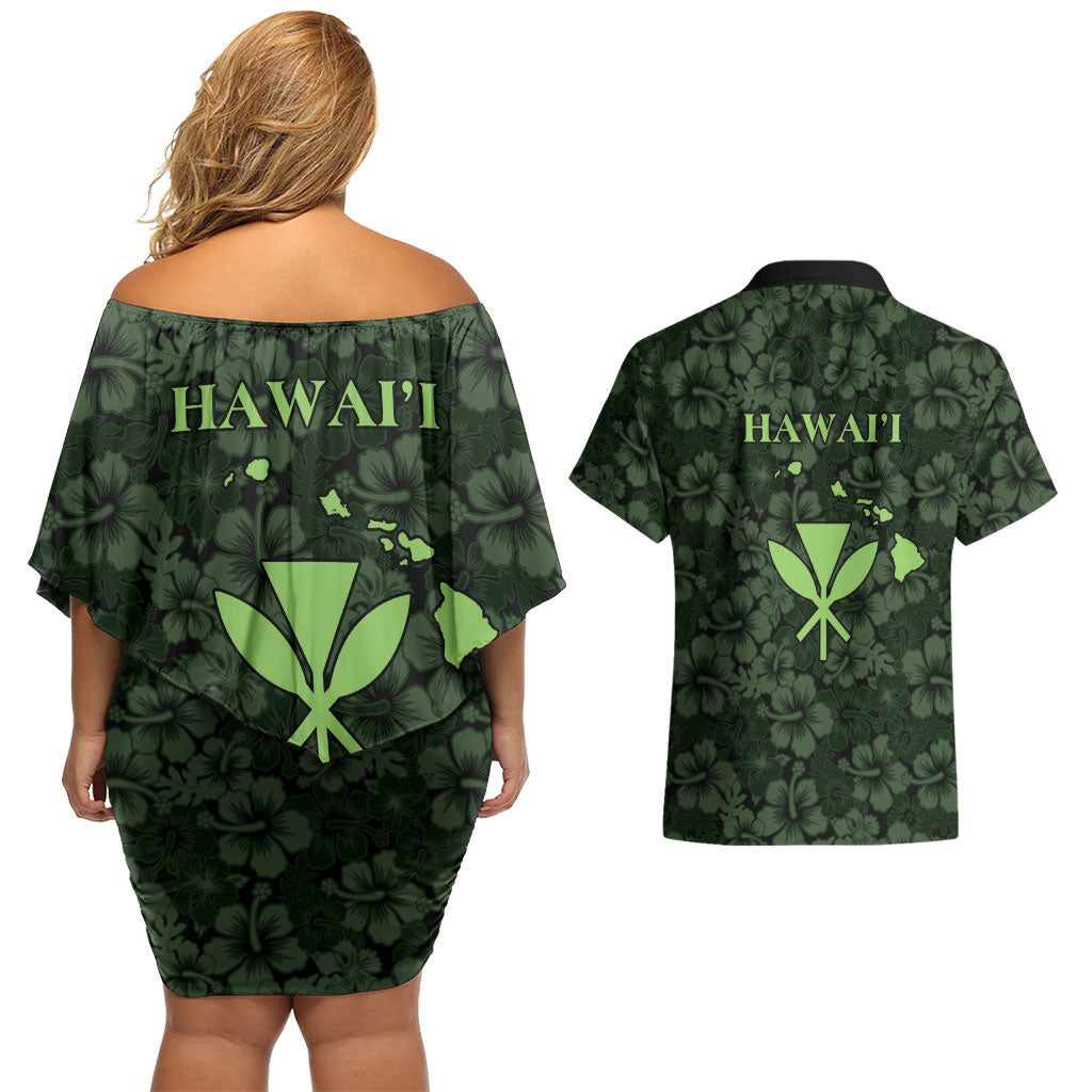 Hawaii Lei Kamehameha Couples Matching Off Shoulder Short Dress and Hawaiian Shirt Oma'oma'o Seamless Pattern Hibiscus Flower