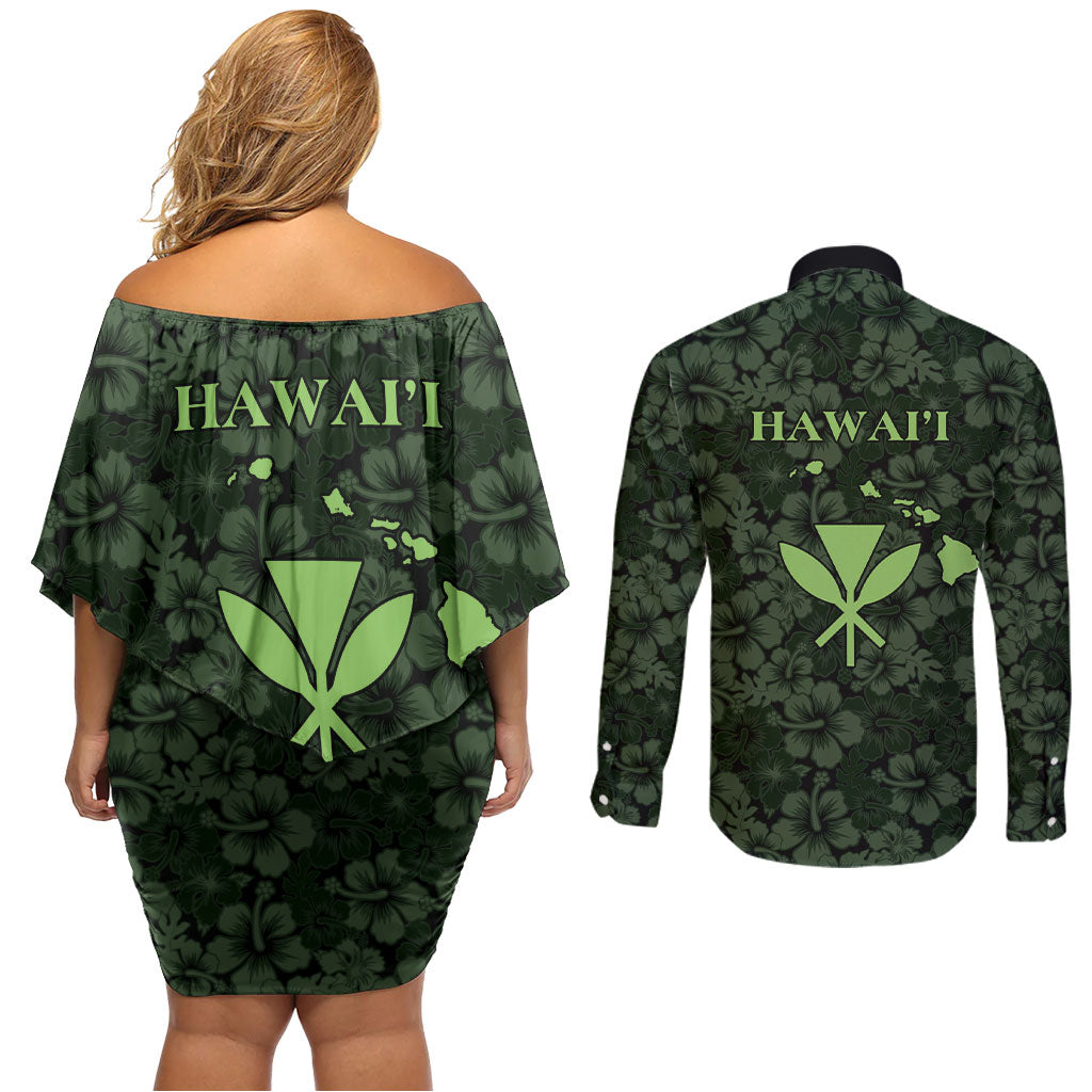 Hawaii Lei Kamehameha Couples Matching Off Shoulder Short Dress and Long Sleeve Button Shirt Oma'oma'o Seamless Pattern Hibiscus Flower