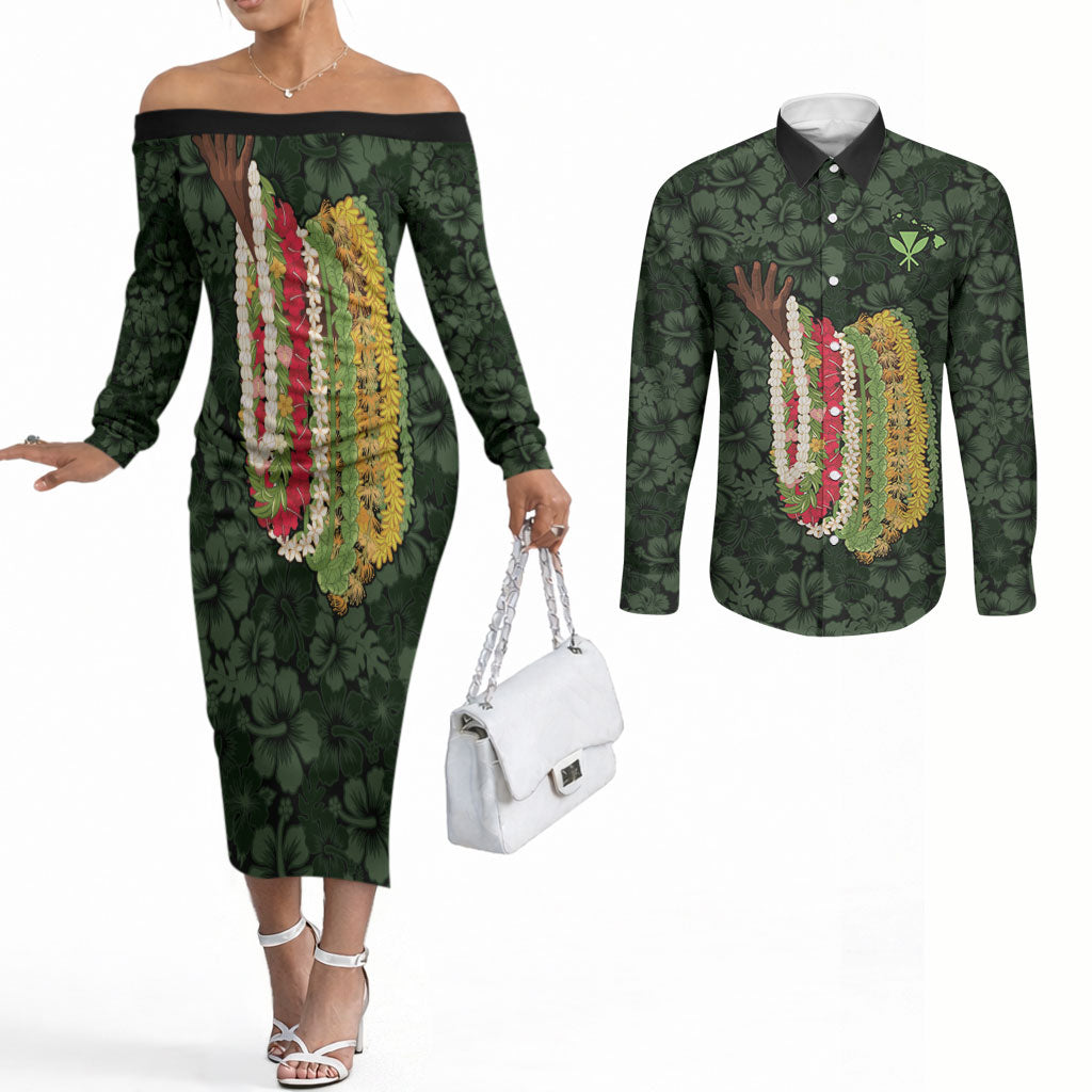 Hawaii Lei Kamehameha Couples Matching Off The Shoulder Long Sleeve Dress and Long Sleeve Button Shirt Oma'oma'o Seamless Pattern Hibiscus Flower LT9 Green - Polynesian Pride