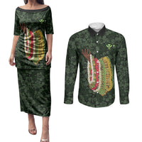 Hawaii Lei Kamehameha Couples Matching Puletasi and Long Sleeve Button Shirt Oma'oma'o Seamless Pattern Hibiscus Flower LT9 Green - Polynesian Pride