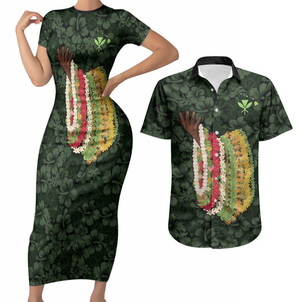 Hawaii Lei Kamehameha Couples Matching Short Sleeve Bodycon Dress and Hawaiian Shirt Oma'oma'o Seamless Pattern Hibiscus Flower LT9 Green - Polynesian Pride