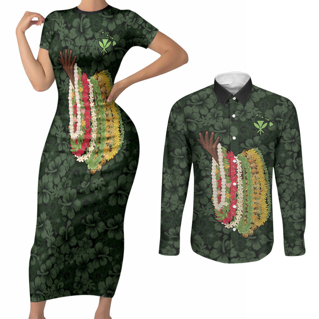 Hawaii Lei Kamehameha Couples Matching Short Sleeve Bodycon Dress and Long Sleeve Button Shirt Oma'oma'o Seamless Pattern Hibiscus Flower LT9 Green - Polynesian Pride