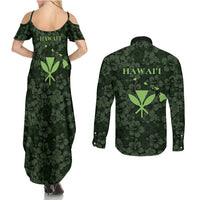 Hawaii Lei Kamehameha Couples Matching Summer Maxi Dress and Long Sleeve Button Shirt Oma'oma'o Seamless Pattern Hibiscus Flower
