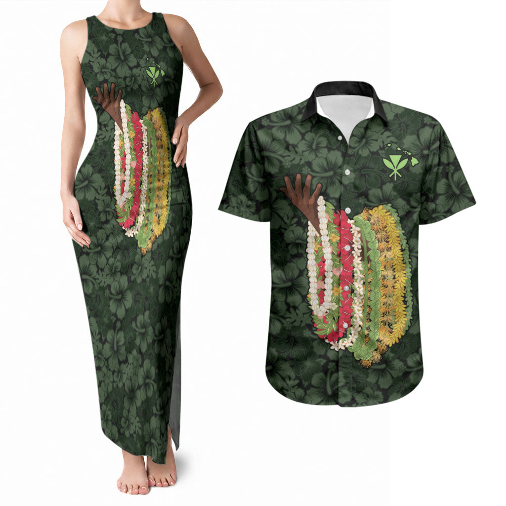 Hawaii Lei Kamehameha Couples Matching Tank Maxi Dress and Hawaiian Shirt Oma'oma'o Seamless Pattern Hibiscus Flower LT9 Green - Polynesian Pride