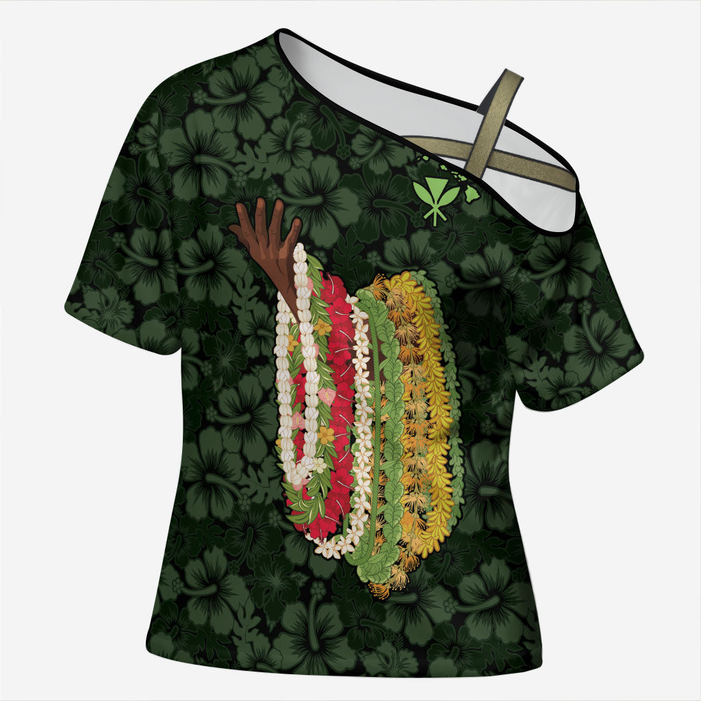 Hawaii Lei Kamehameha Cross Shoulder Shirt Oma'oma'o Seamless Pattern Hibiscus Flower LT9 Female Green - Polynesian Pride