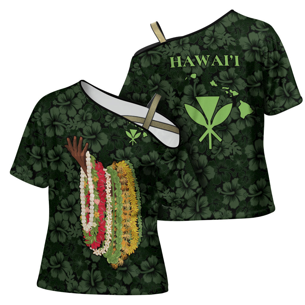 Hawaii Lei Kamehameha Cross Shoulder Shirt Oma'oma'o Seamless Pattern Hibiscus Flower
