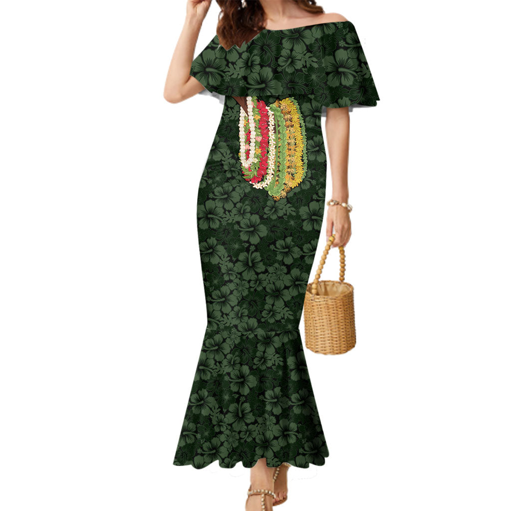 Hawaii Lei Kamehameha Family Matching Mermaid Dress and Hawaiian Shirt Oma'oma'o Seamless Pattern Hibiscus Flower
