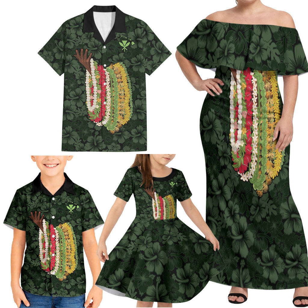 Hawaii Lei Kamehameha Family Matching Off Shoulder Maxi Dress and Hawaiian Shirt Oma'oma'o Seamless Pattern Hibiscus Flower LT9 - Polynesian Pride