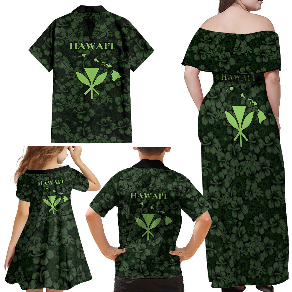 Hawaii Lei Kamehameha Family Matching Off Shoulder Maxi Dress and Hawaiian Shirt Oma'oma'o Seamless Pattern Hibiscus Flower