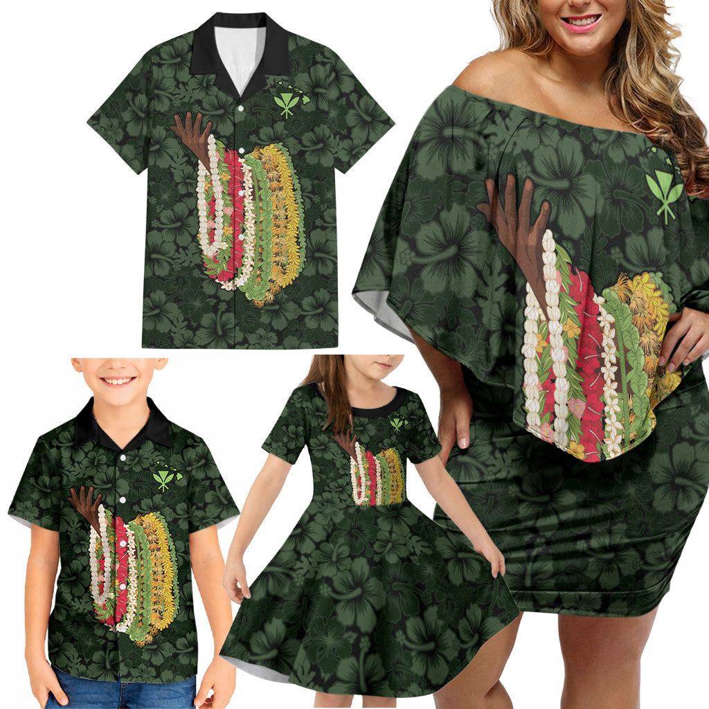 Hawaii Lei Kamehameha Family Matching Off Shoulder Short Dress and Hawaiian Shirt Oma'oma'o Seamless Pattern Hibiscus Flower LT9 - Polynesian Pride