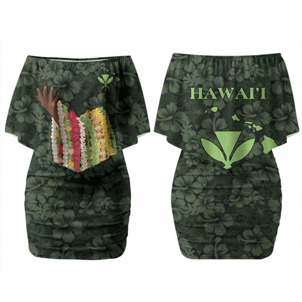 Hawaii Lei Kamehameha Family Matching Off Shoulder Short Dress and Hawaiian Shirt Oma'oma'o Seamless Pattern Hibiscus Flower LT9 Mom's Dress Green - Polynesian Pride