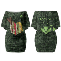 Hawaii Lei Kamehameha Family Matching Off Shoulder Short Dress and Hawaiian Shirt Oma'oma'o Seamless Pattern Hibiscus Flower LT9 Mom's Dress Green - Polynesian Pride