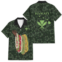 Hawaii Lei Kamehameha Family Matching Off Shoulder Short Dress and Hawaiian Shirt Oma'oma'o Seamless Pattern Hibiscus Flower LT9 Dad's Shirt - Short Sleeve Green - Polynesian Pride