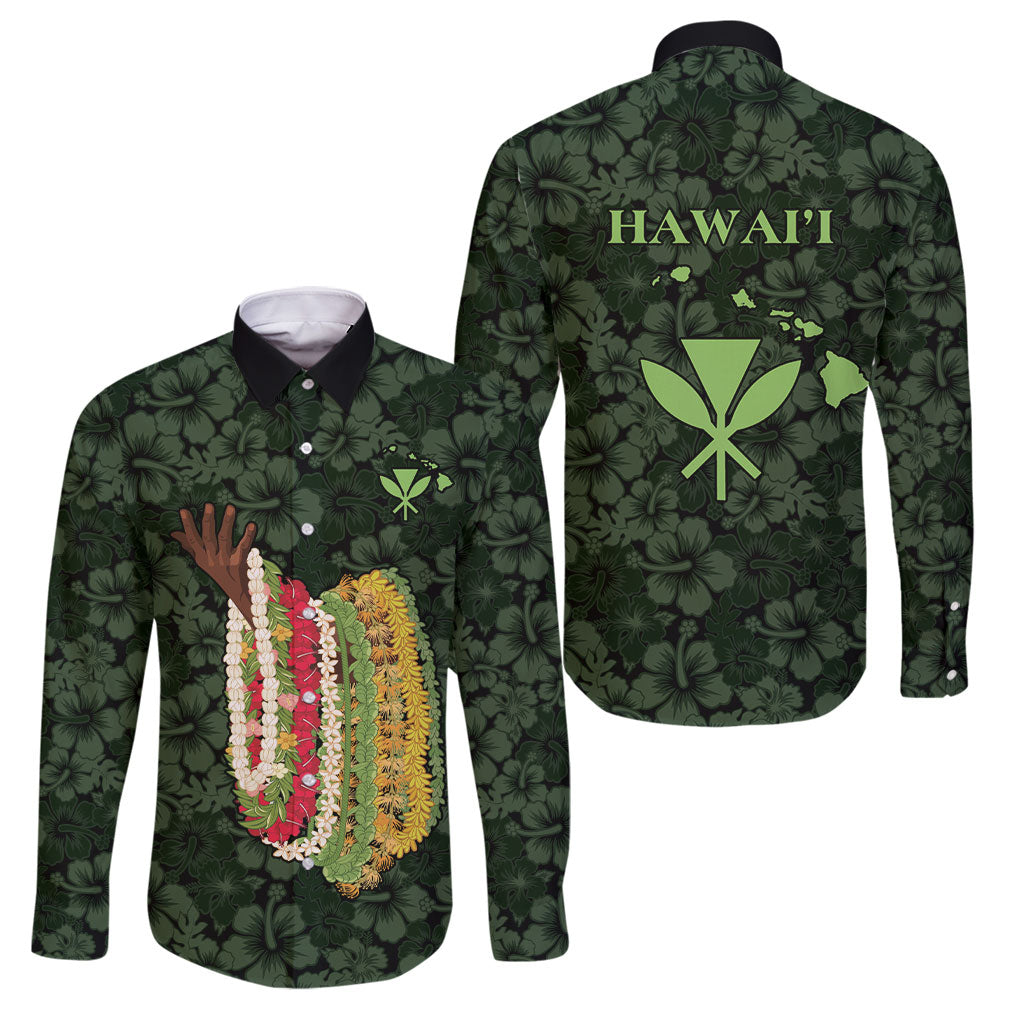 Hawaii Lei Kamehameha Family Matching Off Shoulder Short Dress and Hawaiian Shirt Oma'oma'o Seamless Pattern Hibiscus Flower LT9 Dad's Shirt - Long Sleeve Green - Polynesian Pride