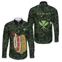 Hawaii Lei Kamehameha Family Matching Off Shoulder Short Dress and Hawaiian Shirt Oma'oma'o Seamless Pattern Hibiscus Flower LT9 Dad's Shirt - Long Sleeve Green - Polynesian Pride