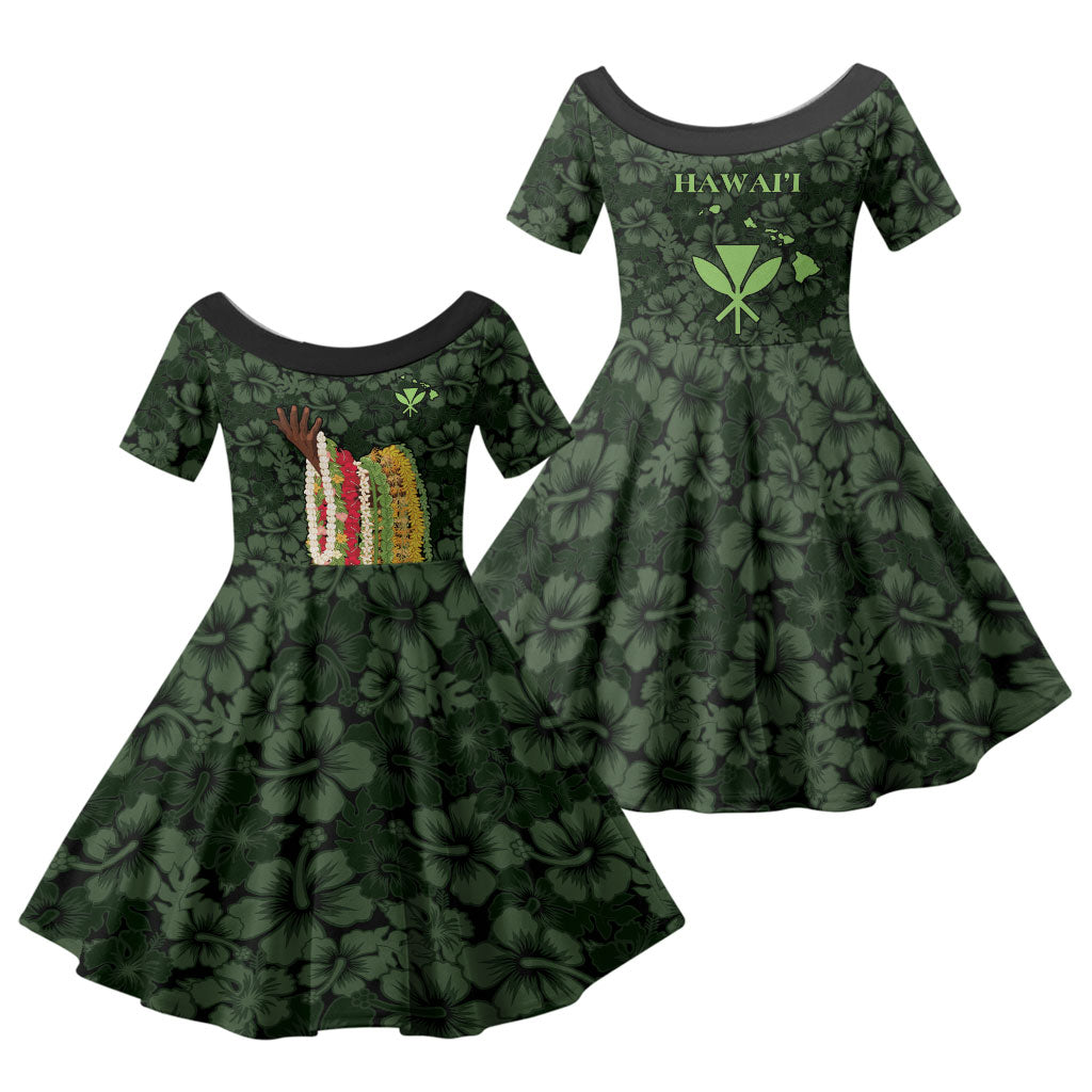 Hawaii Lei Kamehameha Family Matching Off Shoulder Short Dress and Hawaiian Shirt Oma'oma'o Seamless Pattern Hibiscus Flower LT9 Daughter's Dress Green - Polynesian Pride