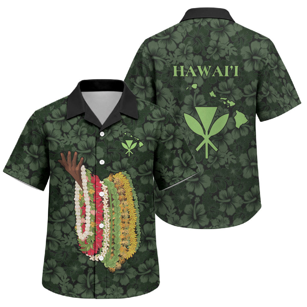 Hawaii Lei Kamehameha Family Matching Off Shoulder Short Dress and Hawaiian Shirt Oma'oma'o Seamless Pattern Hibiscus Flower LT9 Son's Shirt Green - Polynesian Pride