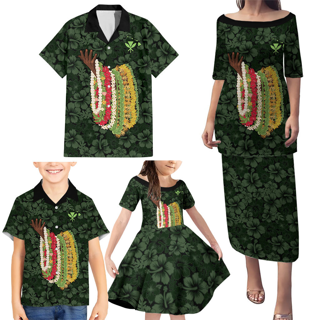 Hawaii Lei Kamehameha Family Matching Puletasi and Hawaiian Shirt Oma'oma'o Seamless Pattern Hibiscus Flower