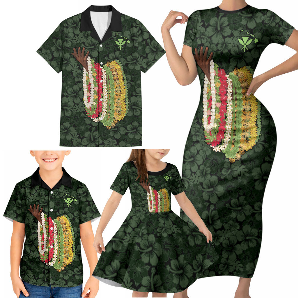Hawaii Lei Kamehameha Family Matching Short Sleeve Bodycon Dress and Hawaiian Shirt Oma'oma'o Seamless Pattern Hibiscus Flower LT9 - Polynesian Pride