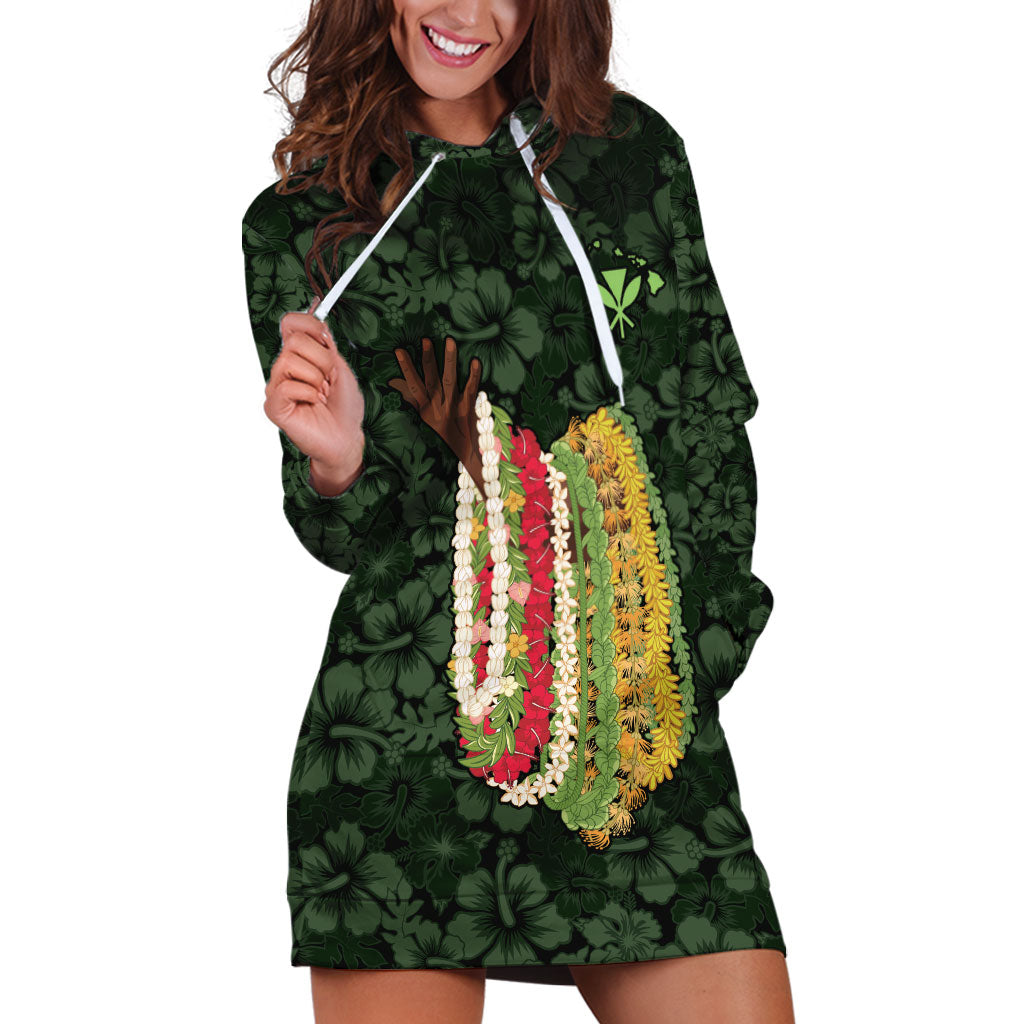 Hawaii Lei Kamehameha Hoodie Dress Oma'oma'o Seamless Pattern Hibiscus Flower LT9 Green - Polynesian Pride