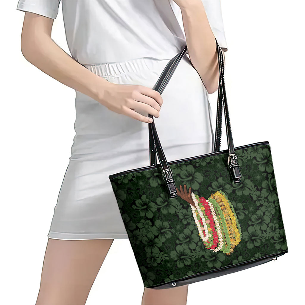Hawaii Lei Kamehameha Leather Tote Bag Oma'oma'o Seamless Pattern Hibiscus Flower LT9 - Polynesian Pride