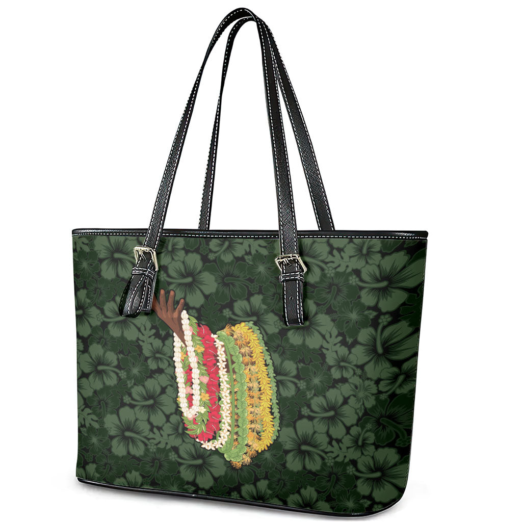 Hawaii Lei Kamehameha Leather Tote Bag Oma'oma'o Seamless Pattern Hibiscus Flower LT9 - Polynesian Pride