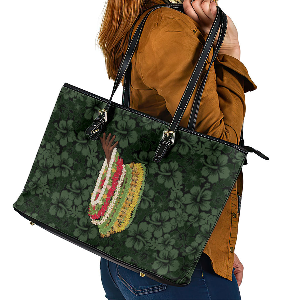 Hawaii Lei Kamehameha Leather Tote Bag Oma'oma'o Seamless Pattern Hibiscus Flower LT9 - Polynesian Pride