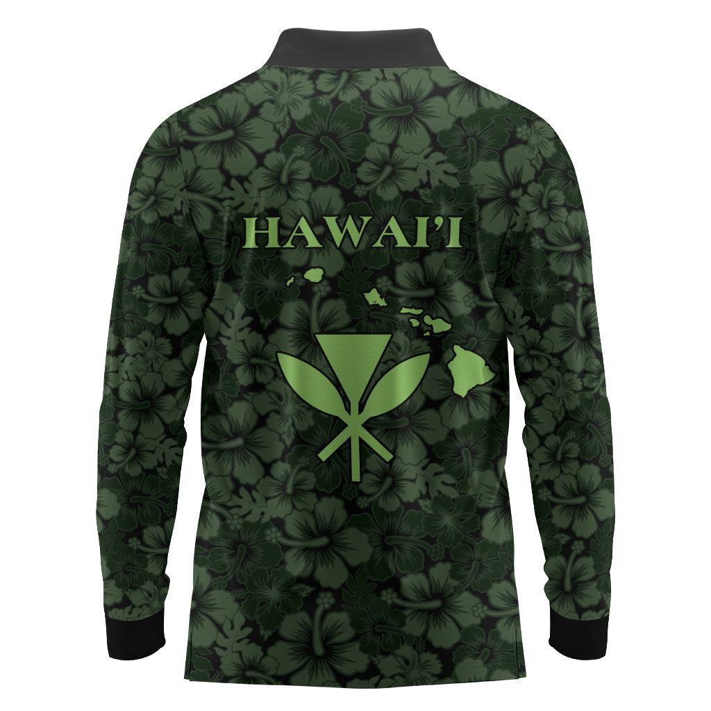 Hawaii Lei Kamehameha Long Sleeve Polo Shirt Oma'oma'o Seamless Pattern Hibiscus Flower