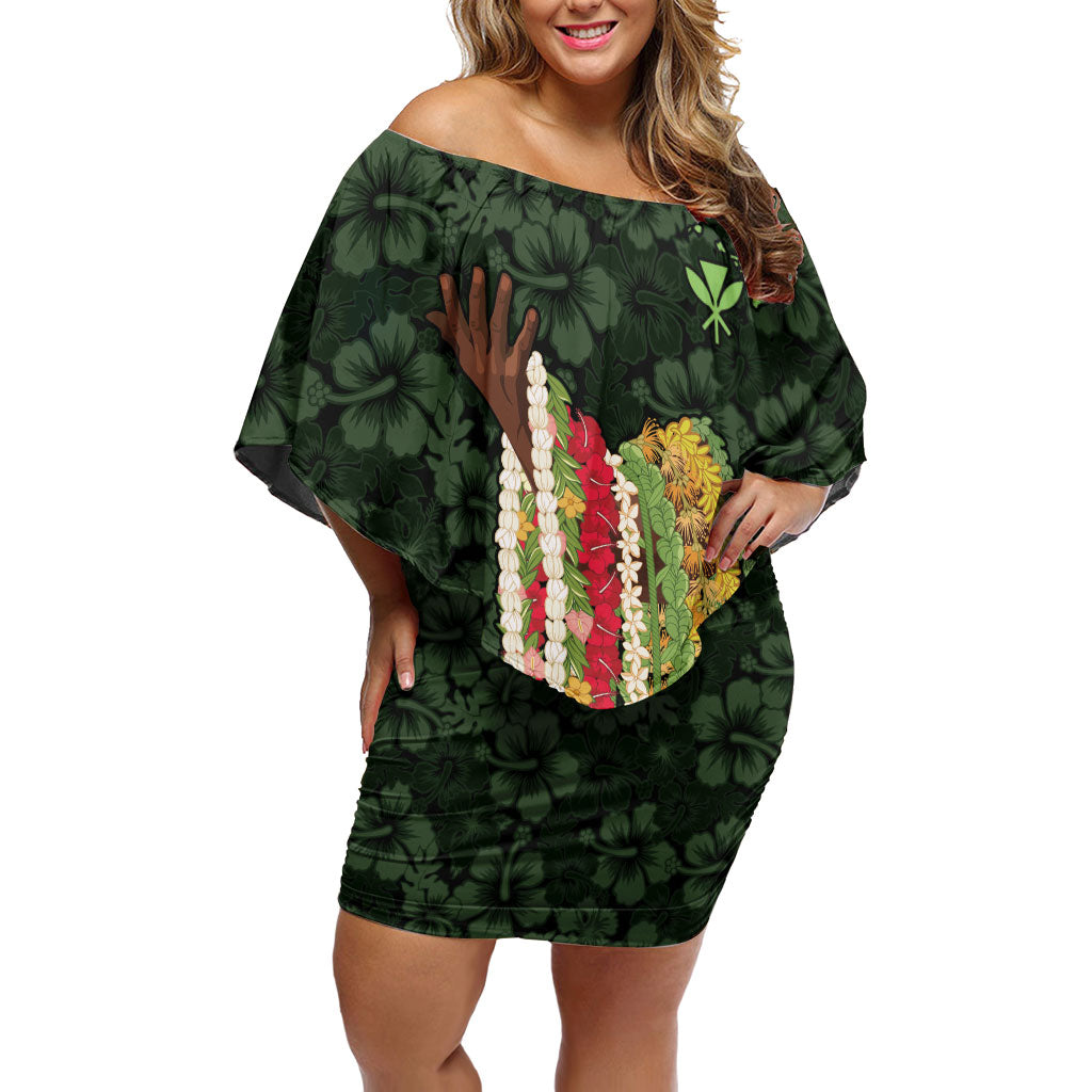 Hawaii Lei Kamehameha Off Shoulder Short Dress Oma'oma'o Seamless Pattern Hibiscus Flower