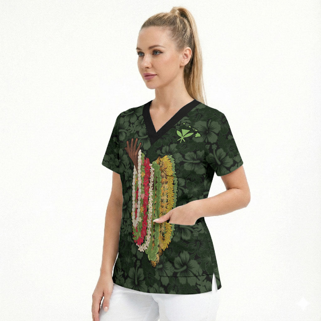 Hawaii Lei Kamehameha Scrub Top Oma'oma'o Seamless Pattern Hibiscus Flower