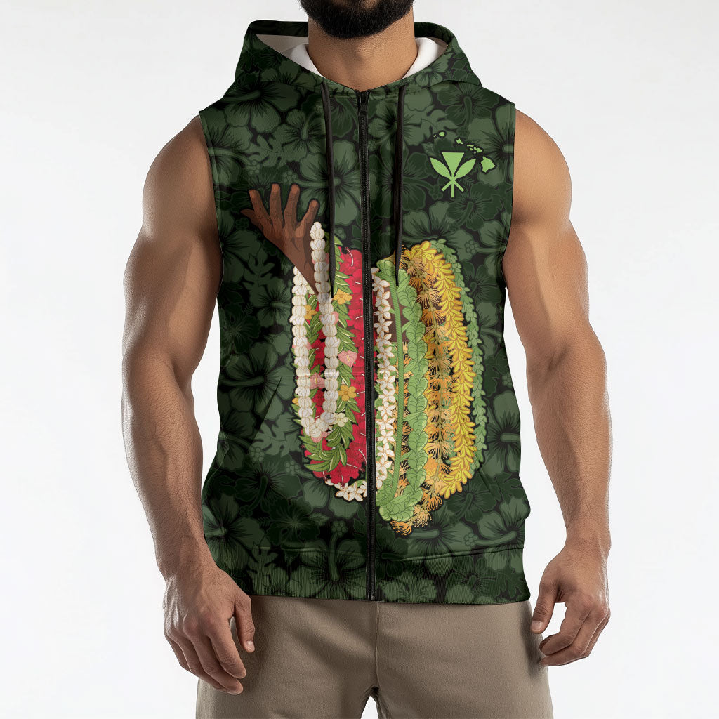 Hawaii Lei Kamehameha Sleeveless Zip Hoodie Oma'oma'o Seamless Pattern Hibiscus Flower