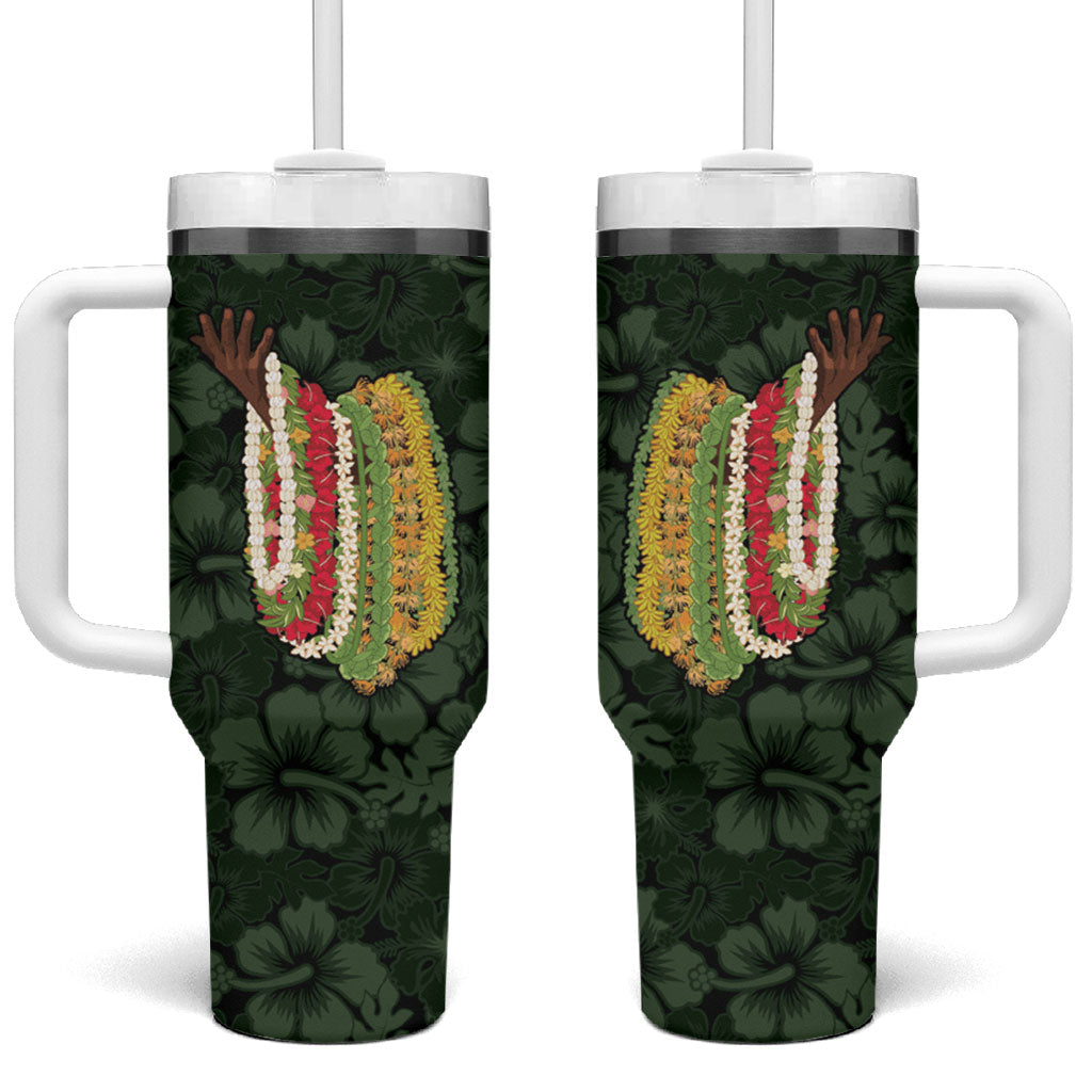 Hawaii Lei Kamehameha Tumbler With Handle Oma'oma'o Seamless Pattern Hibiscus Flower LT9 One Size: 40 oz Green - Polynesian Pride