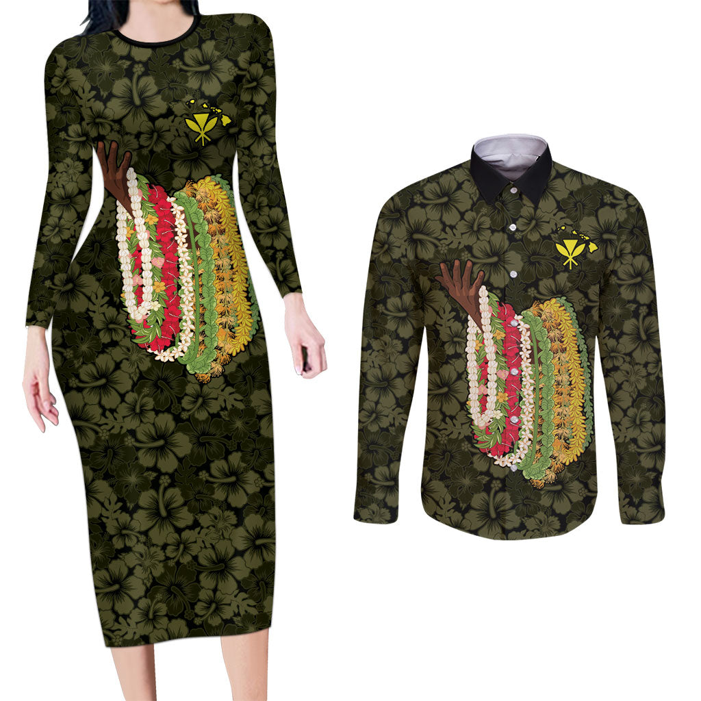 Hawaii Lei Kamehameha Couples Matching Long Sleeve Bodycon Dress and Long Sleeve Button Shirt Melemele Seamless Pattern Hibiscus Flower