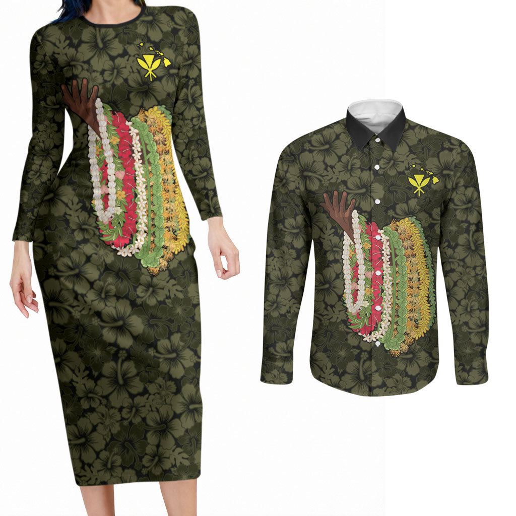 Hawaii Lei Kamehameha Couples Matching Long Sleeve Bodycon Dress and Long Sleeve Button Shirt Melemele Seamless Pattern Hibiscus Flower LT9 Yellow - Polynesian Pride
