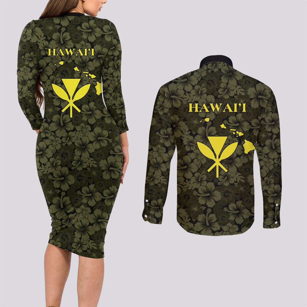 Hawaii Lei Kamehameha Couples Matching Long Sleeve Bodycon Dress and Long Sleeve Button Shirt Melemele Seamless Pattern Hibiscus Flower