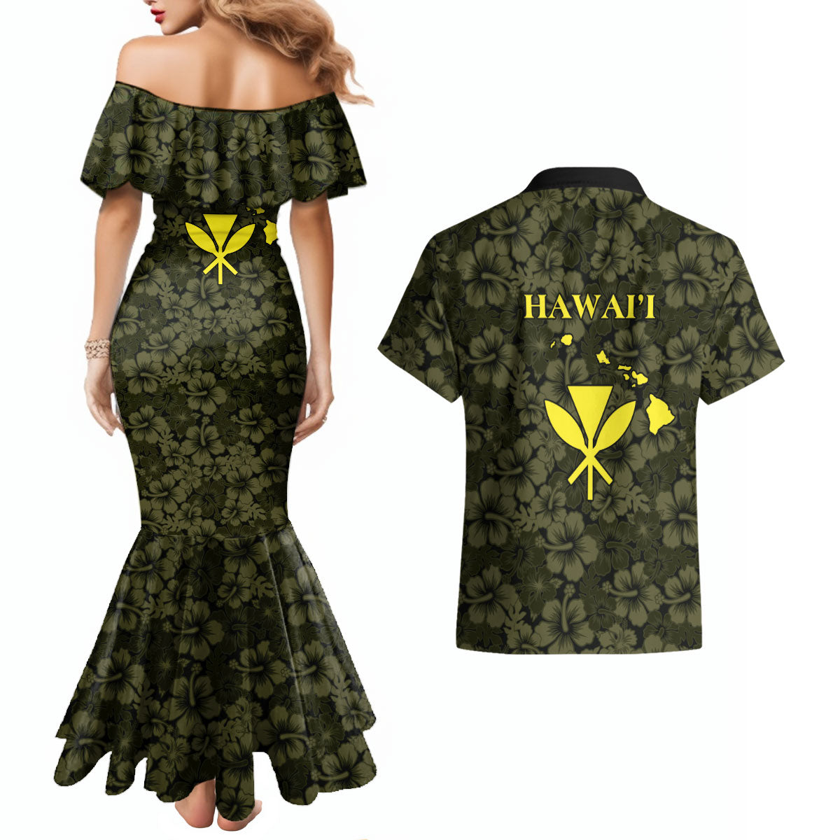 Hawaii Lei Kamehameha Couples Matching Mermaid Dress and Hawaiian Shirt Melemele Seamless Pattern Hibiscus Flower