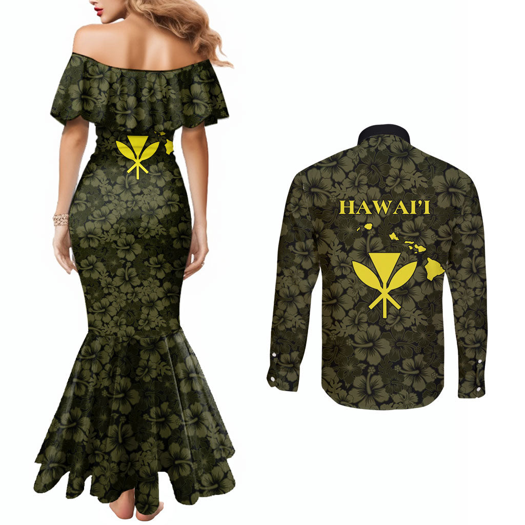 Hawaii Lei Kamehameha Couples Matching Mermaid Dress and Long Sleeve Button Shirt Melemele Seamless Pattern Hibiscus Flower